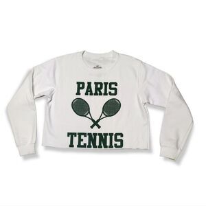Tennis Paris White Green Raw Edge Cropped Sweatshirt Tennis Rackets US S